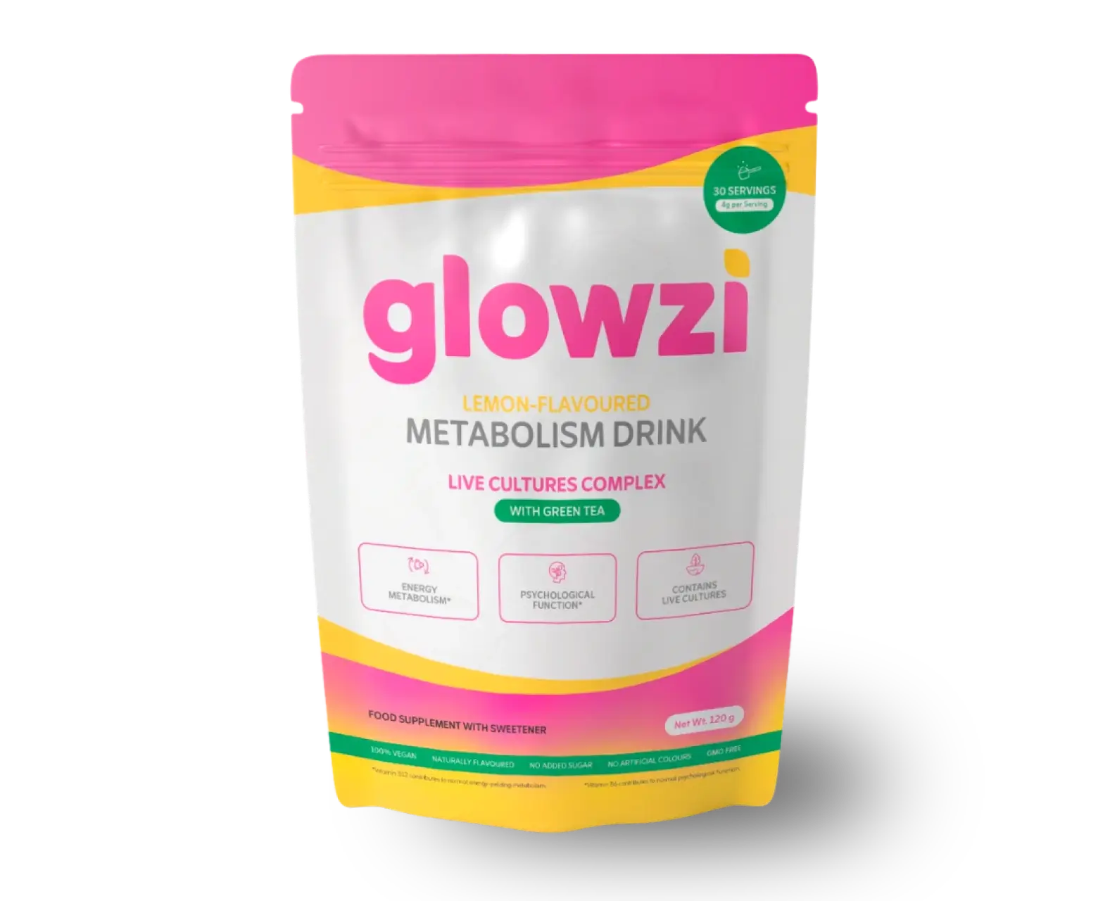 Glowzi lemon-flavoured daily wellness drink pouch